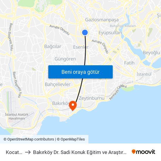 Kocatepe to Bakırköy Dr. Sadi Konuk Eğitim ve Araştırma Hastanesi map