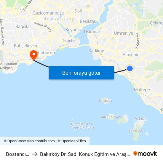 Bostancı (M4) to Bakırköy Dr. Sadi Konuk Eğitim ve Araştırma Hastanesi map