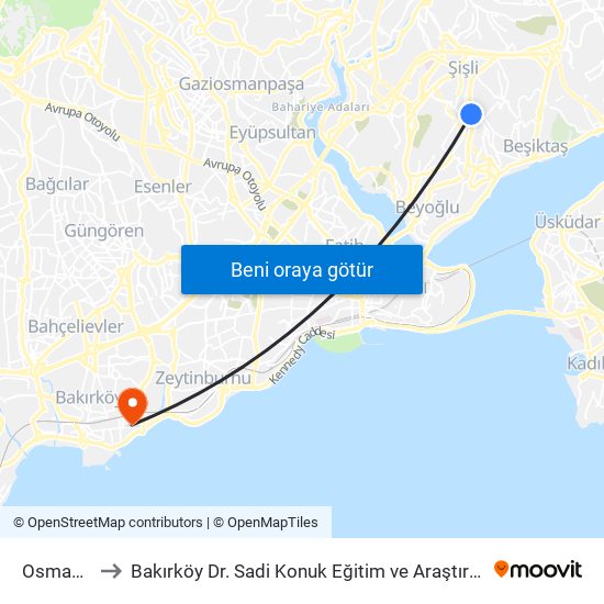 Osmanbey to Bakırköy Dr. Sadi Konuk Eğitim ve Araştırma Hastanesi map