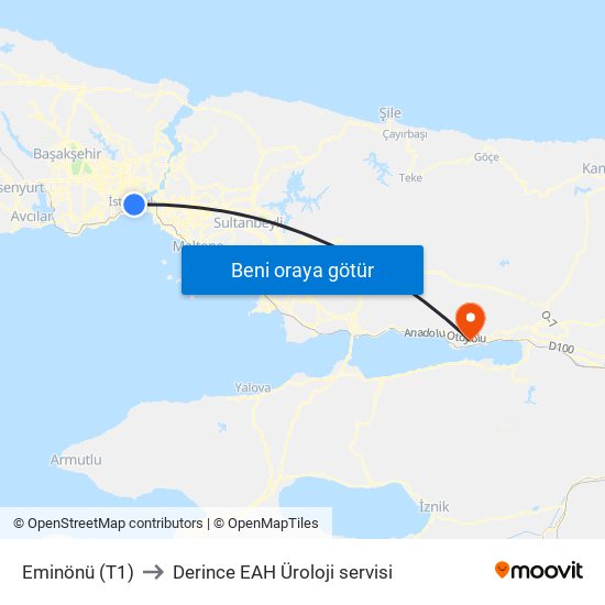 Eminönü (T1) to Derince EAH Üroloji servisi map