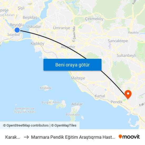 Karaköy (T1) to Marmara Pendik Eğitim Araştıqrma Hastanesi Askom / Hasta Yatış map