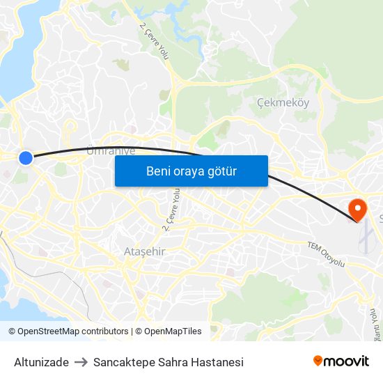 Altunizade to Sancaktepe Sahra Hastanesi map