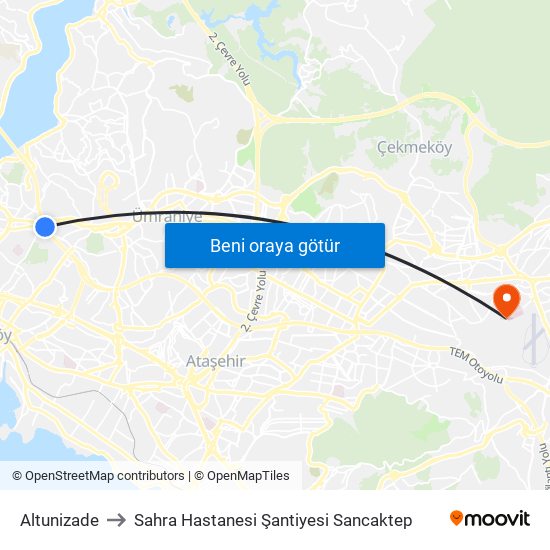 Altunizade to Sahra Hastanesi Şantiyesi Sancaktep map
