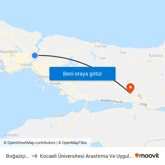 Boğaziçi Üniversitesi to Kocaeli Üniversitesi Arastirma Ve Uygulama Hastanesi Çocuk Yoğun Bakım Ünitesi map