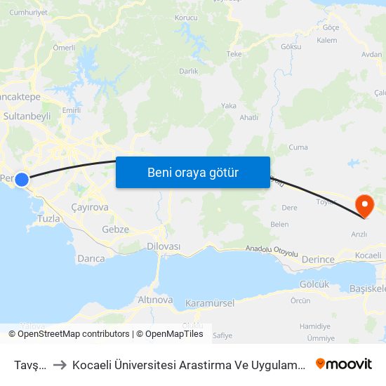 Tavşantepe to Kocaeli Üniversitesi Arastirma Ve Uygulama Hastanesi Çocuk Yoğun Bakım Ünitesi map