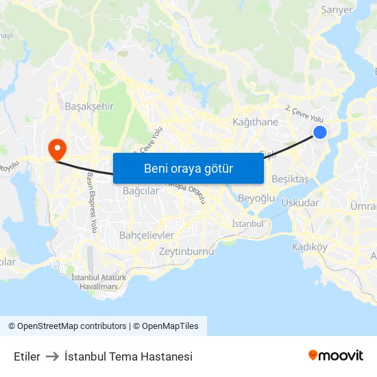 Etiler to İstanbul Tema Hastanesi map