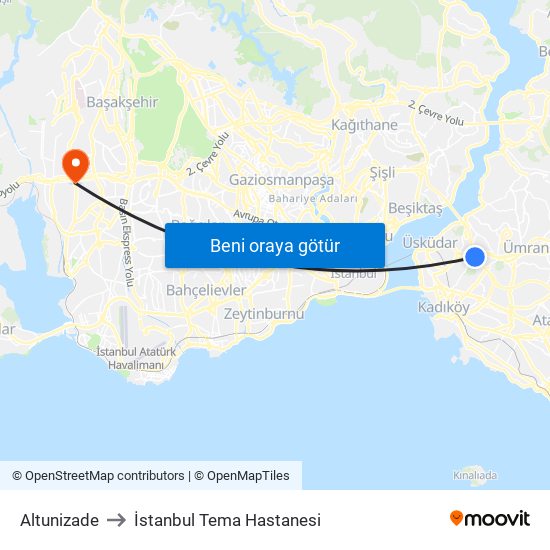 Altunizade to İstanbul Tema Hastanesi map