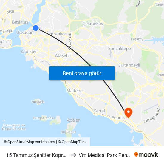 15 Temmuz Şehitler Köprüsü to Vm Medical Park Pendik map