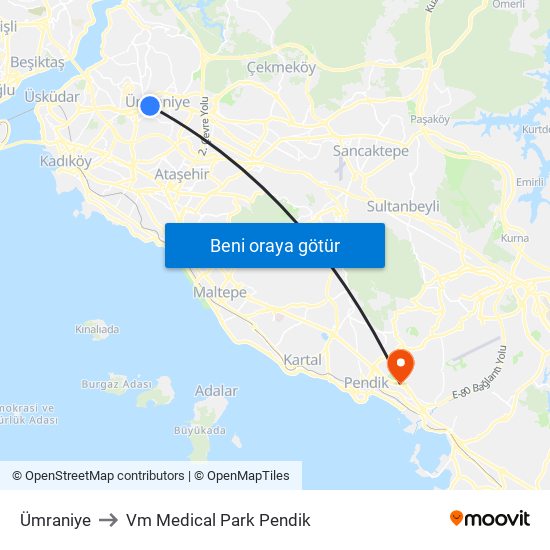 Ümraniye to Vm Medical Park Pendik map