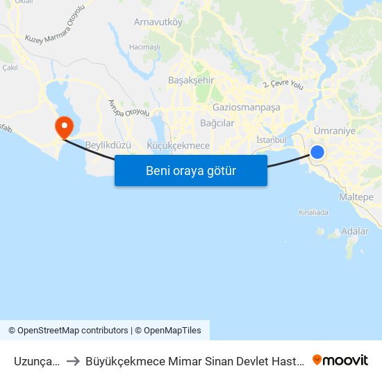 Uzunçayır to Büyükçekmece Mimar Sinan Devlet Hastanesi map