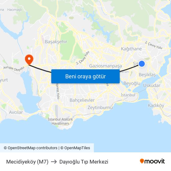 Mecidiyeköy (M7) to Dayıoğlu Tıp Merkezi map