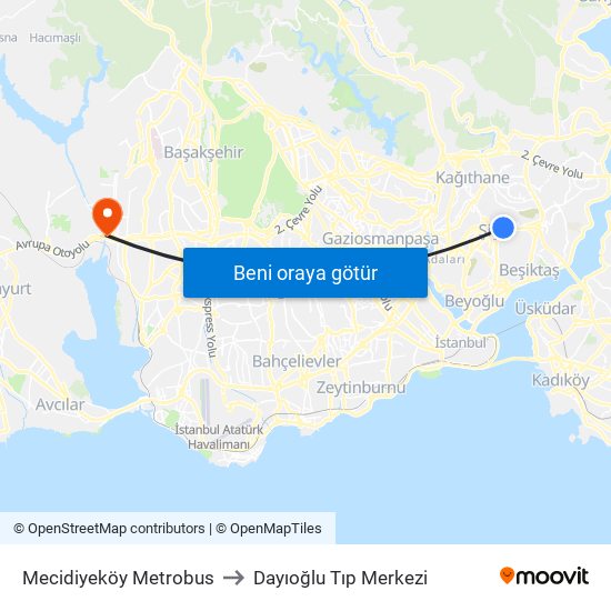 Mecidiyeköy Metrobus to Dayıoğlu Tıp Merkezi map