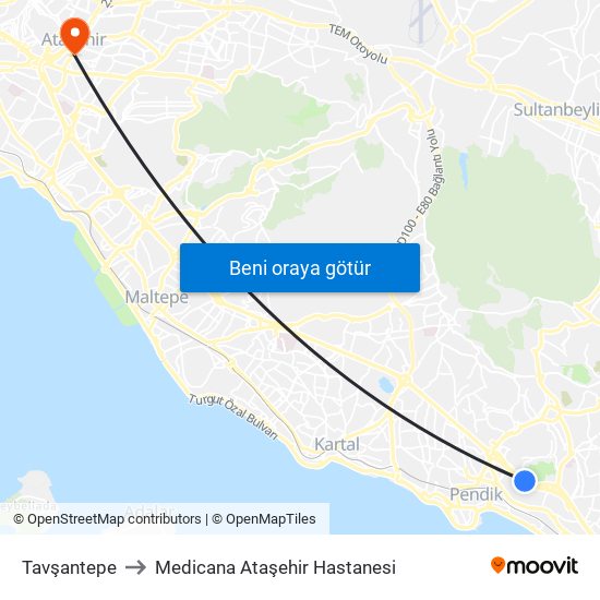 Tavşantepe to Medicana Ataşehir Hastanesi map