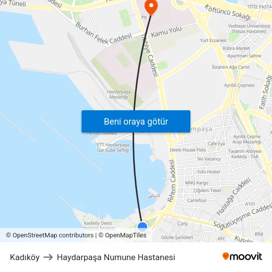 Kadıköy to Haydarpaşa Numune Hastanesi map