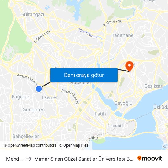 Menderes to Mimar Sinan Güzel Sanatlar Üniversitesi Bomonti Kampüsü map