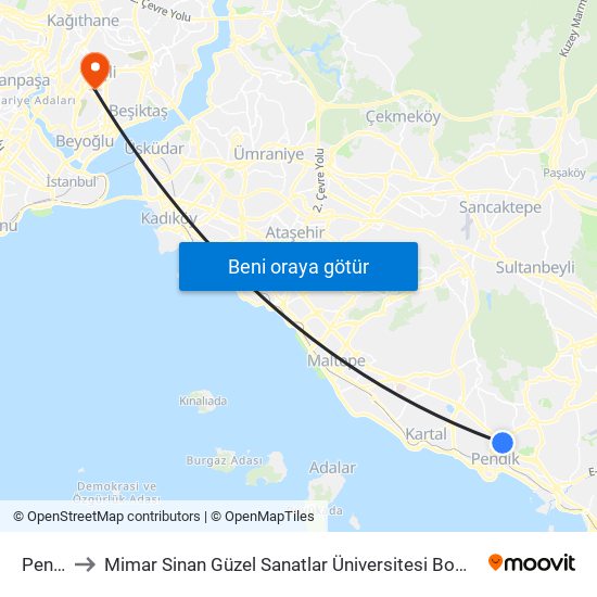 Pendik to Mimar Sinan Güzel Sanatlar Üniversitesi Bomonti Kampüsü map