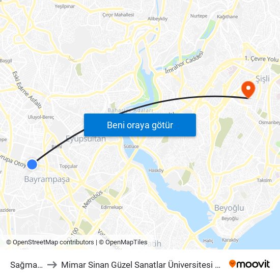 Sağmalcılar to Mimar Sinan Güzel Sanatlar Üniversitesi Bomonti Kampüsü map