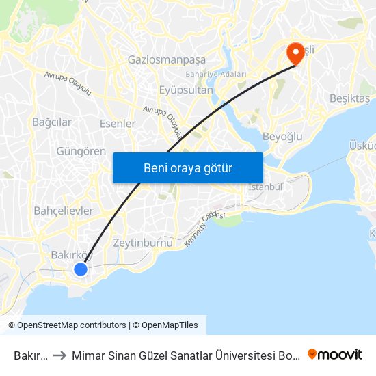 Bakırköy to Mimar Sinan Güzel Sanatlar Üniversitesi Bomonti Kampüsü map