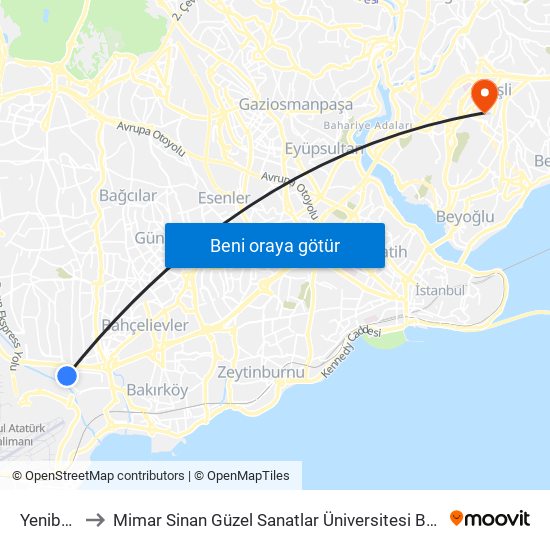 Yenibosna to Mimar Sinan Güzel Sanatlar Üniversitesi Bomonti Kampüsü map