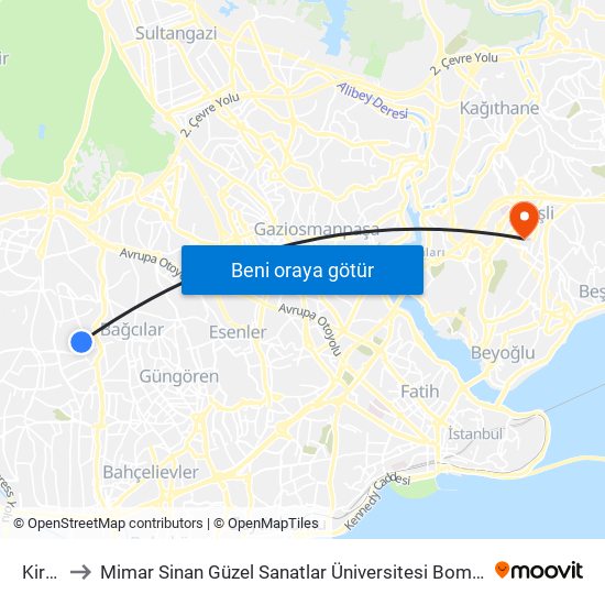 Kirazlı to Mimar Sinan Güzel Sanatlar Üniversitesi Bomonti Kampüsü map