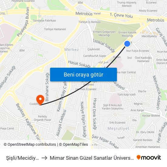 Şişli/Mecidiyeköy (M2) to Mimar Sinan Güzel Sanatlar Üniversitesi Bomonti Kampüsü map