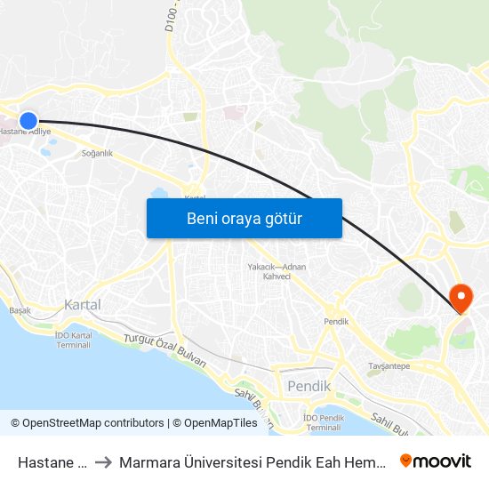 Hastane - Adliye to Marmara Üniversitesi Pendik Eah Hematoloji Onkoloji Ek Binası map