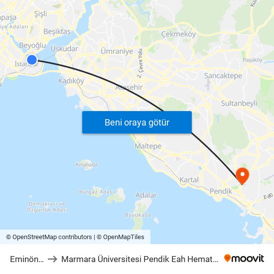 Eminönü (T1) to Marmara Üniversitesi Pendik Eah Hematoloji Onkoloji Ek Binası map