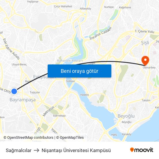 Sağmalcılar to Nişantaşı Üniversitesi Kampüsü map