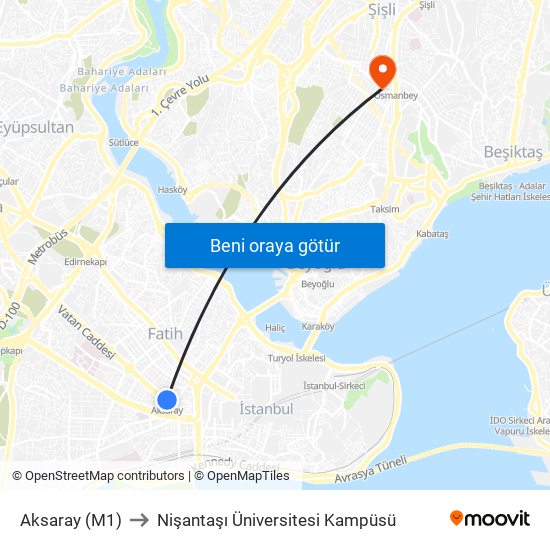 Aksaray (M1) to Nişantaşı Üniversitesi Kampüsü map