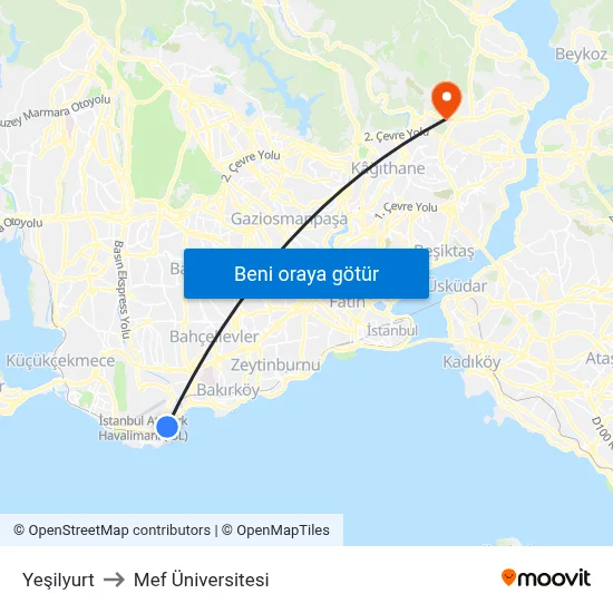 Yeşilyurt to Mef Üniversitesi map