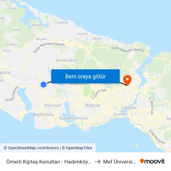 Ömerli Kiptaş Konutları - Hadımköy Yönü to Mef Üniversitesi map
