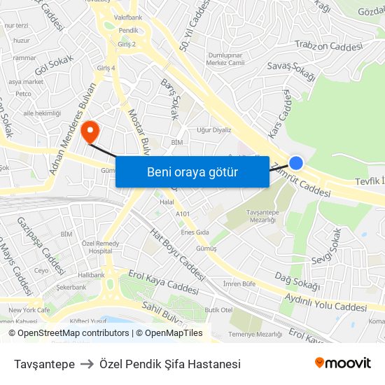 Tavşantepe to Özel Pendik Şifa Hastanesi map