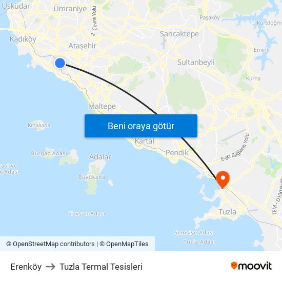 Erenköy to Tuzla Termal Tesisleri map