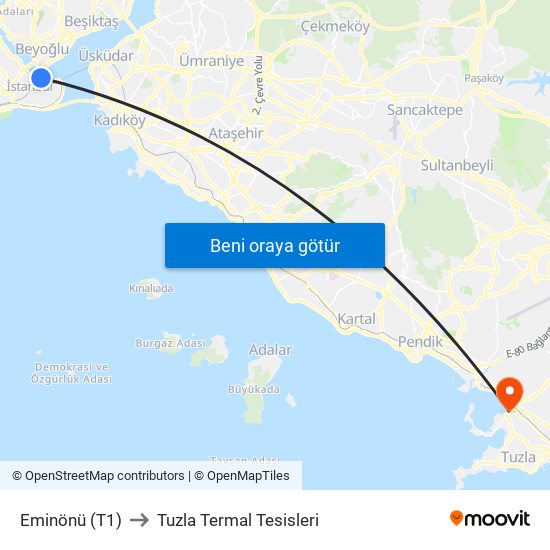 Eminönü (T1) to Tuzla Termal Tesisleri map