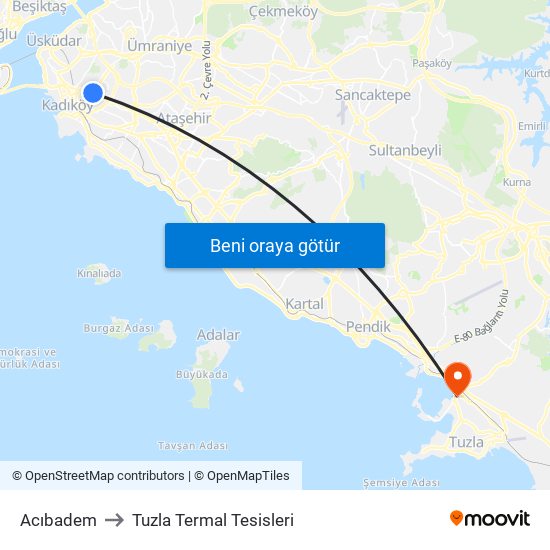 Acıbadem to Tuzla Termal Tesisleri map