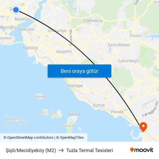Şişli/Mecidiyeköy (M2) to Tuzla Termal Tesisleri map