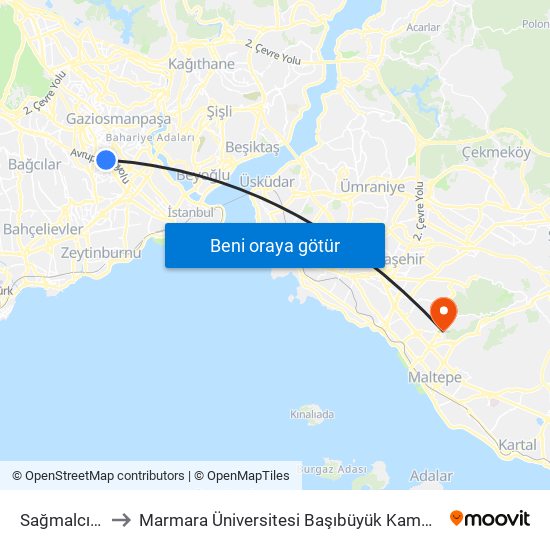 Sağmalcılar to Marmara Üniversitesi Başıbüyük Kampüsü map