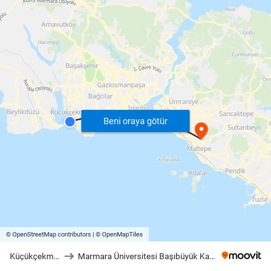 Küçükçekmece to Marmara Üniversitesi Başıbüyük Kampüsü map