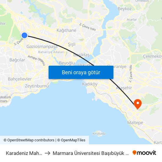 Karadeniz Mahallesi to Marmara Üniversitesi Başıbüyük Kampüsü map