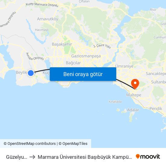 Güzelyurt to Marmara Üniversitesi Başıbüyük Kampüsü map