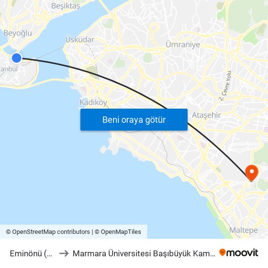 Eminönü (T1) to Marmara Üniversitesi Başıbüyük Kampüsü map