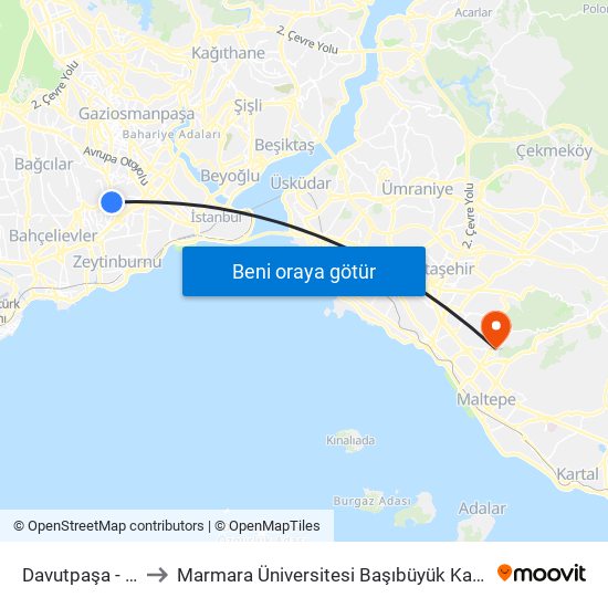 Davutpaşa - Ytü to Marmara Üniversitesi Başıbüyük Kampüsü map