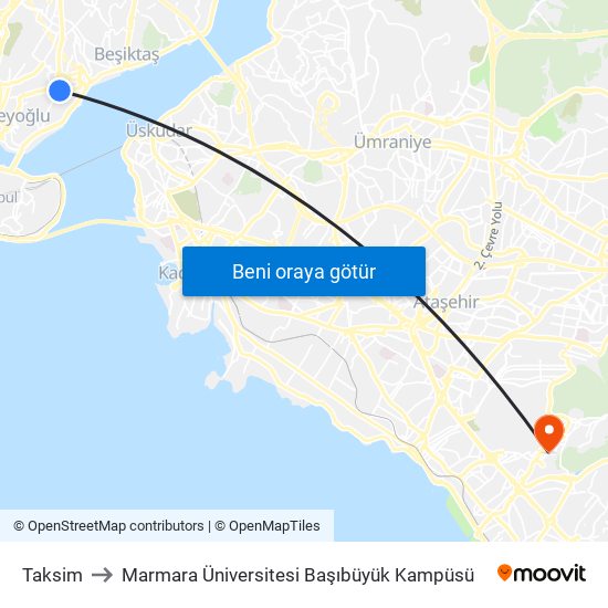 Taksim to Marmara Üniversitesi Başıbüyük Kampüsü map