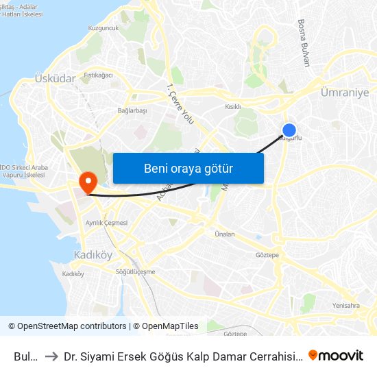 Bulgurlu to Dr. Siyami Ersek Göğüs Kalp Damar Cerrahisi Eğitim Ve Araştırma Hastanesi map