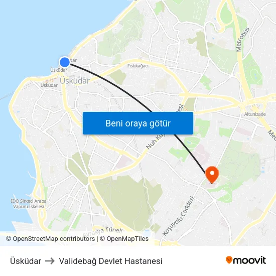 Üsküdar to Validebağ Devlet Hastanesi map