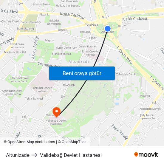 Altunizade to Validebağ Devlet Hastanesi map