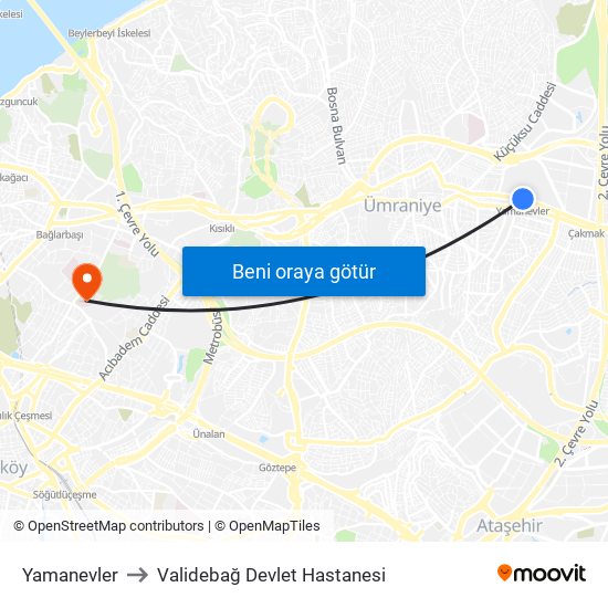 Yamanevler to Validebağ Devlet Hastanesi map