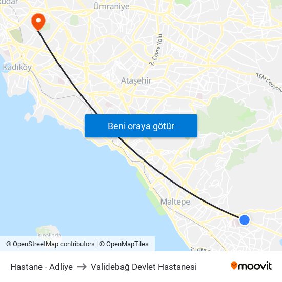 Hastane - Adliye to Validebağ Devlet Hastanesi map