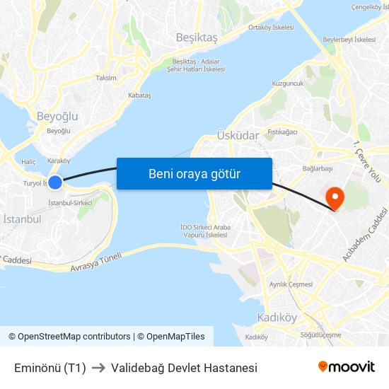 Eminönü (T1) to Validebağ Devlet Hastanesi map