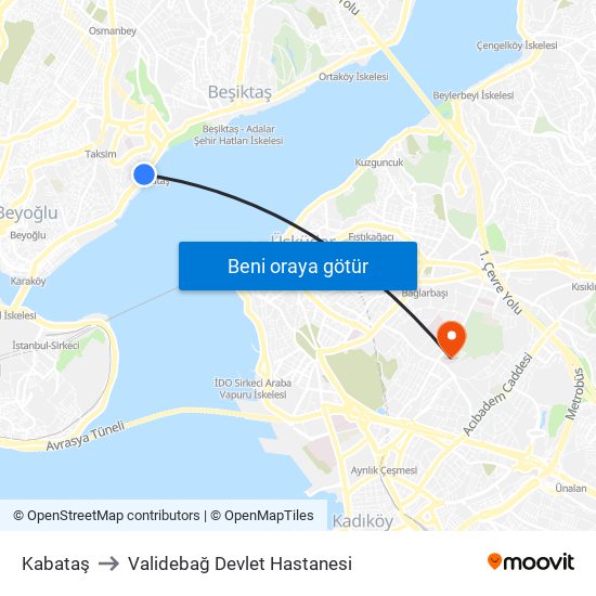 Kabataş to Validebağ Devlet Hastanesi map
